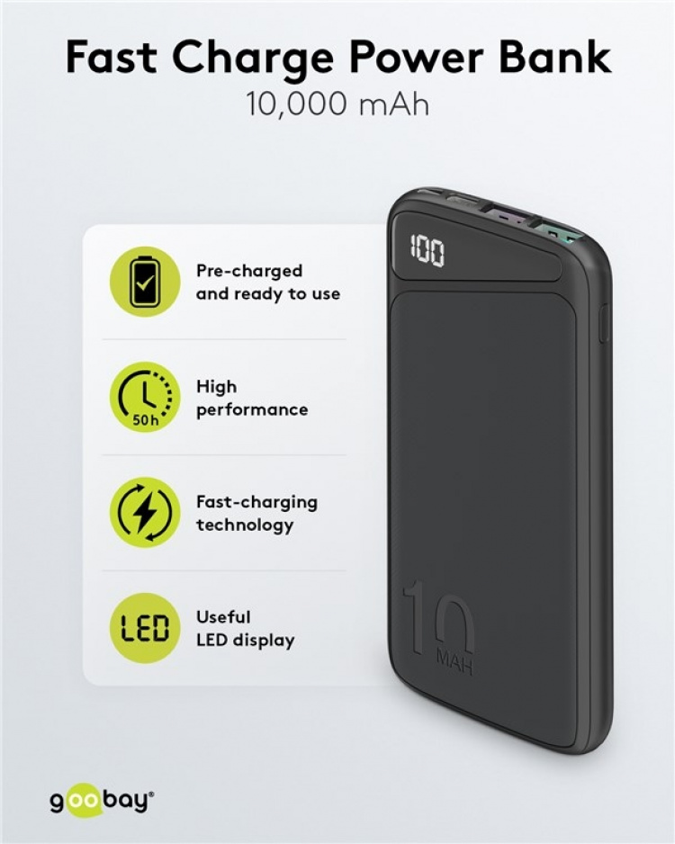 Goobay Fast Charge Power Bank 10,000 mAh (USB-C™ PD, QC 3.0) Powerful power bank with status display, Quick Charge compatible