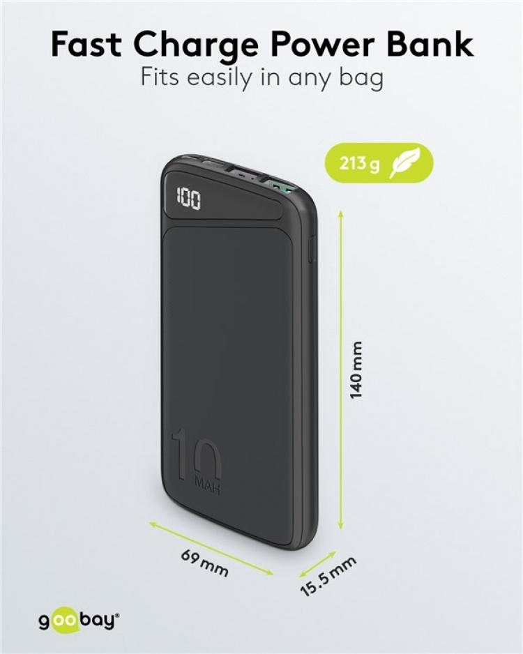 Goobay Fast Charge Power Bank 10,000 mAh (USB-C™ PD, QC 3.0) Powerful power bank with status display, Quick Charge compatible