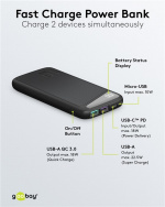 Goobay Fast Charge Power Bank 10,000 mAh (USB-C™ PD, QC 3.0) Powerful power bank with status display, Quick Charge compatible