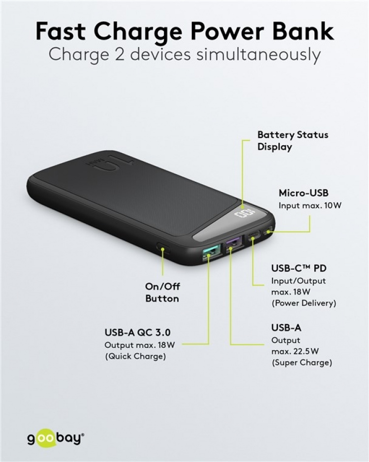 Goobay Fast Charge Power Bank 10,000 mAh (USB-C™ PD, QC 3.0) Powerful power bank with status display, Quick Charge compatible