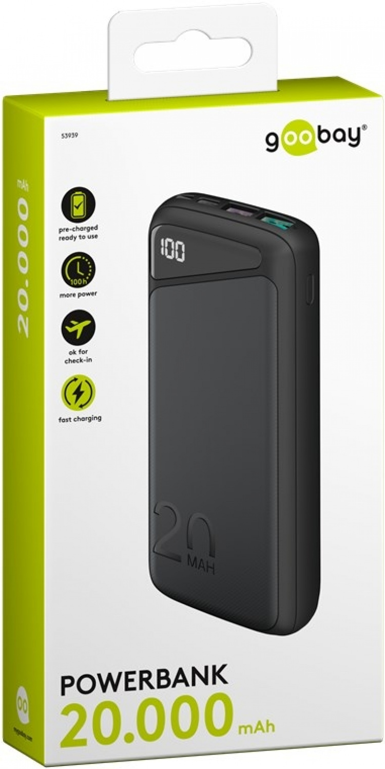 Goobay Fast Charge Power Bank 20,000 mAh (USB-C™ PD, QC 3.0) Powerful power bank with status display, Quick Charge compatible