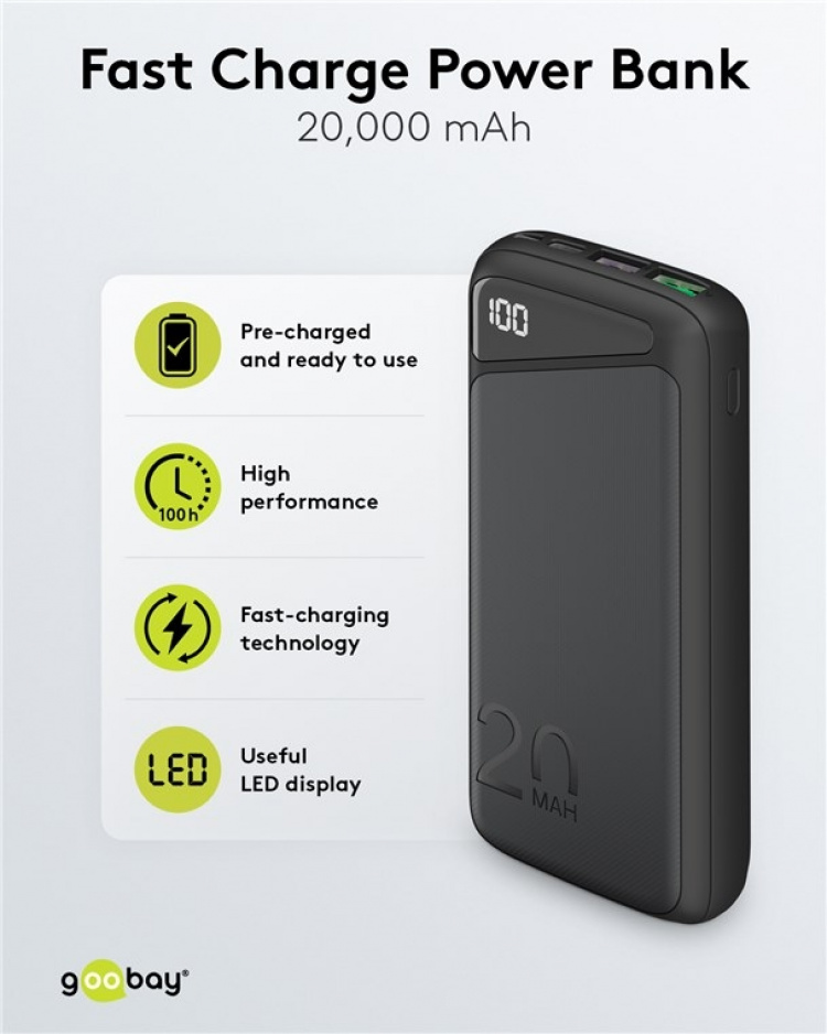 Goobay Fast Charge Power Bank 20,000 mAh (USB-C™ PD, QC 3.0) Powerful power bank with status display, Quick Charge compatible