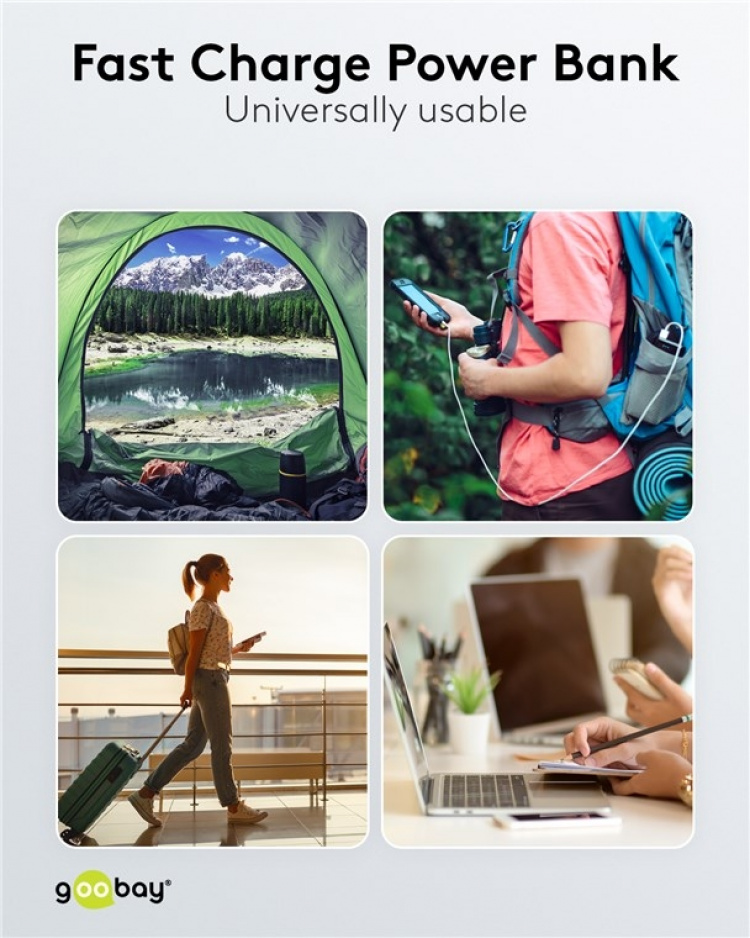 Goobay Fast Charge Power Bank 20,000 mAh (USB-C™ PD, QC 3.0) Powerful power bank with status display, Quick Charge compatible