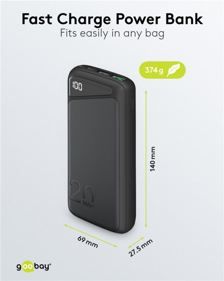 Goobay Fast Charge Power Bank 20,000 mAh (USB-C™ PD, QC 3.0) Powerful power bank with status display, Quick Charge compatible