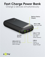 Goobay Fast Charge Power Bank 20,000 mAh (USB-C™ PD, QC 3.0) Powerful power bank with status display, Quick Charge compatible