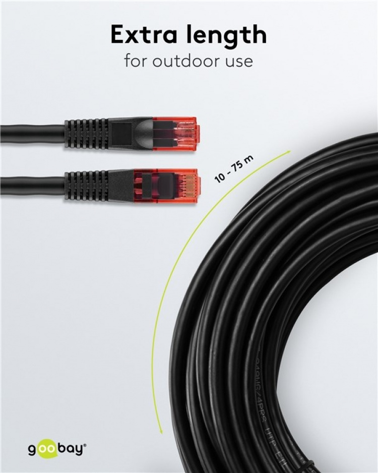 Goobay CAT 6 Outdoor Patch Cable, U/UTP, black copper conductor (CU), double-layer cable jacket (PE), 20 m