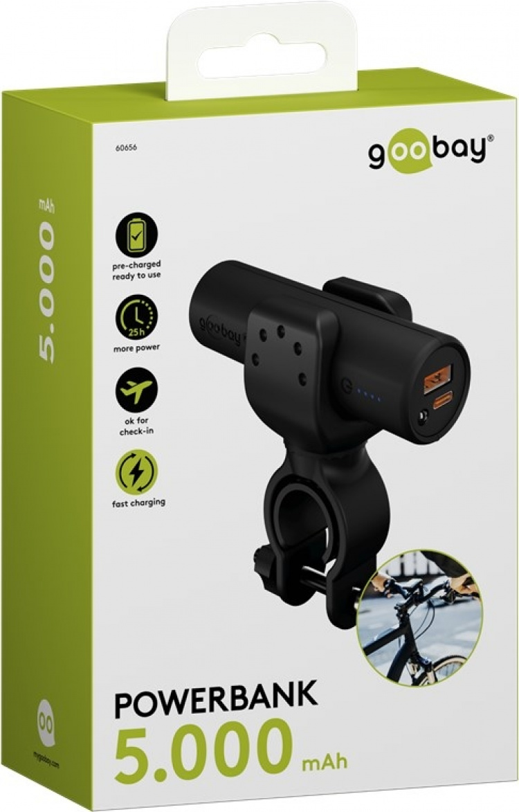 Goobay Bike Power Bank 5.0 (5,000 mAh) small, thin and handy bar powerbank with a capacity of 5,000 mAh for mounting on the bike
