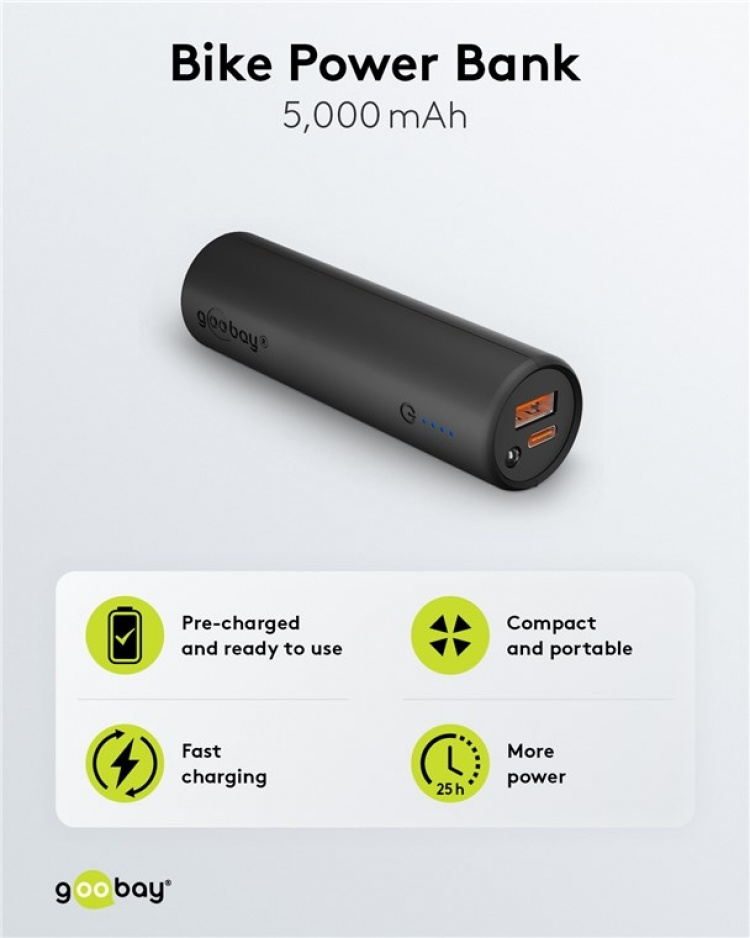 Goobay Bike Power Bank 5.0 (5,000 mAh) small, thin and handy bar powerbank with a capacity of 5,000 mAh for mounting on the bike