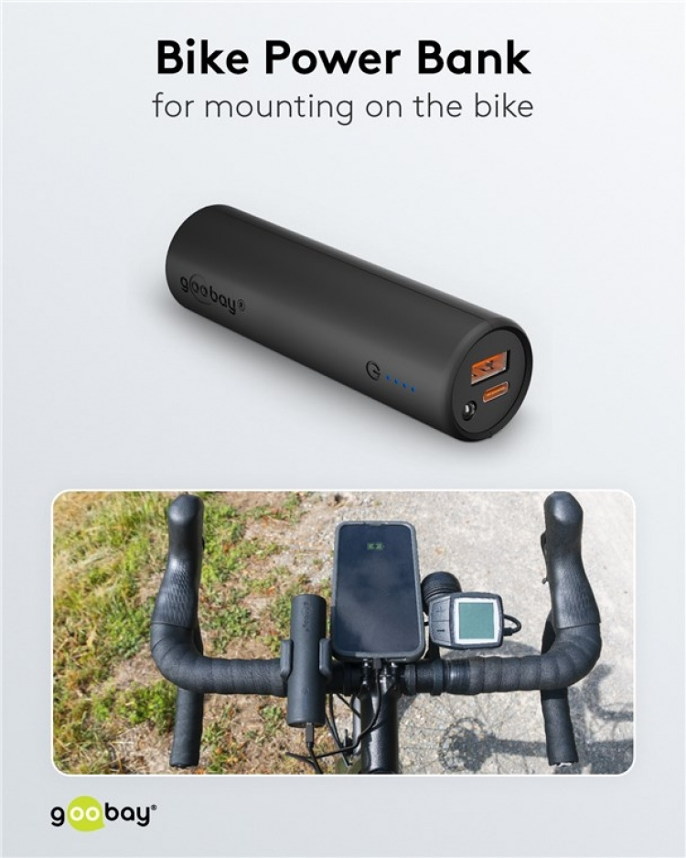 Goobay Bike Power Bank 5.0 (5,000 mAh) small, thin and handy bar powerbank with a capacity of 5,000 mAh for mounting on the bike