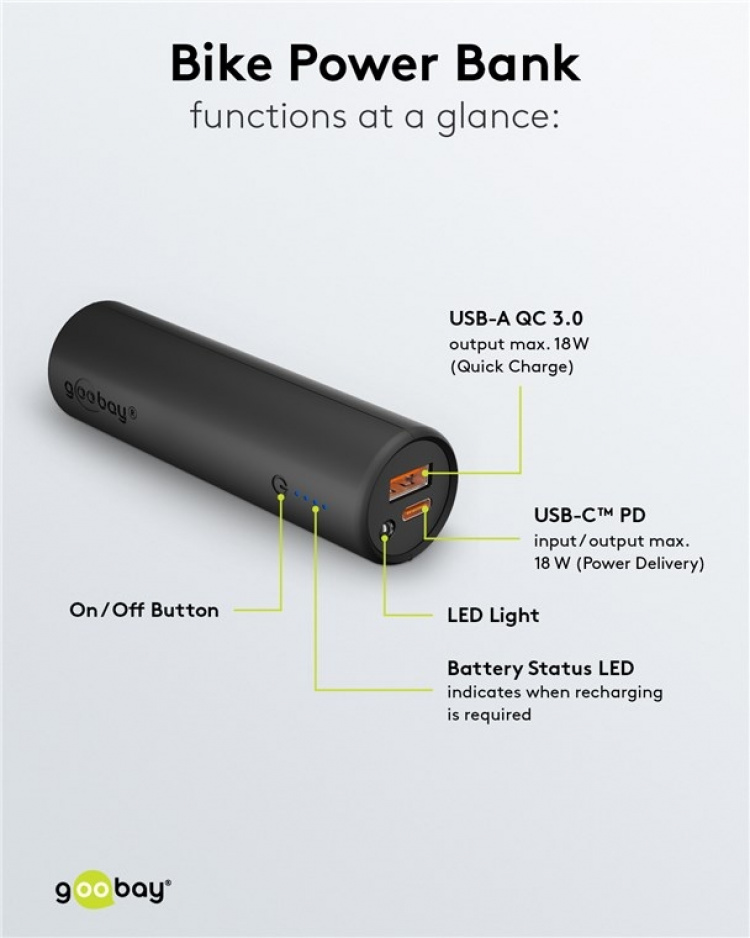 Goobay Bike Power Bank 5.0 (5,000 mAh) small, thin and handy bar powerbank with a capacity of 5,000 mAh for mounting on the bike