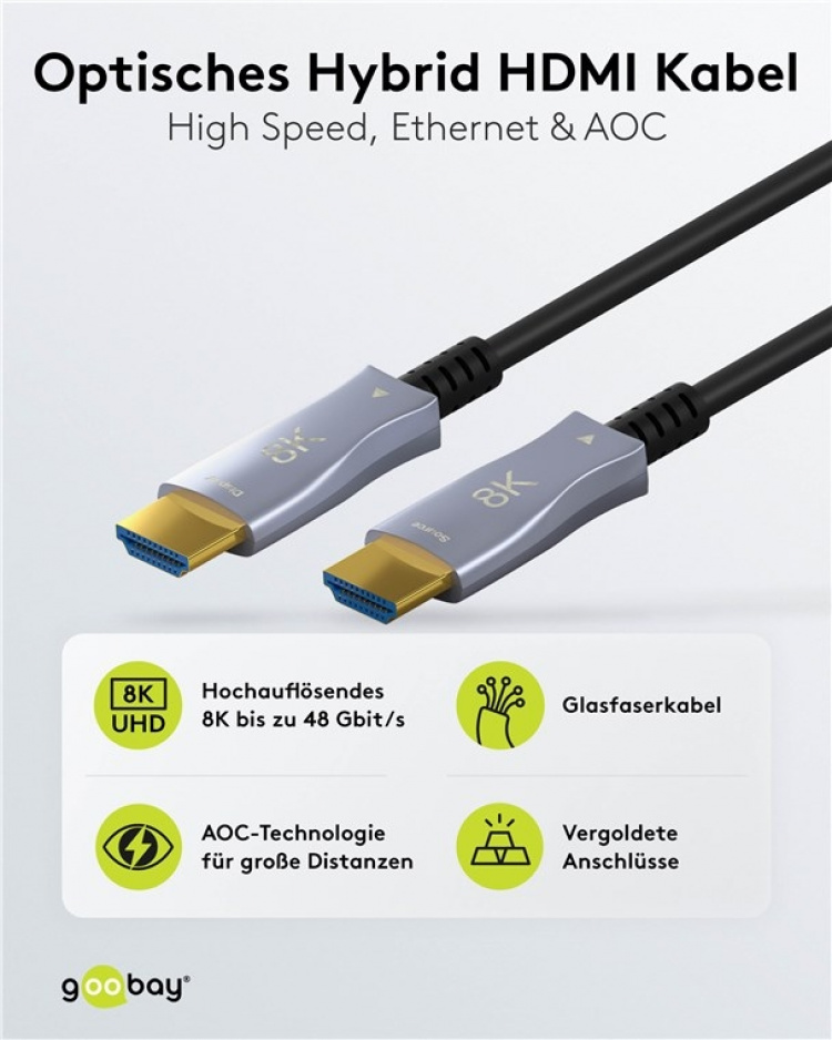Goobay Optical Hybrid Ultra High Speed HDMI™ Cable with Ethernet (AOC) high-speed cable, 8K @ 60 Hz/ 4K @ 120 Hz, for long transmission distances, 50 m Goobay Optical Hybrid Ultra High Speed HDMI™ Cable with Ethernet (AOC) high-speed cable, 8K @ 60 Hz/ 4K @ 120 Hz, for long transmission distances, 50 m