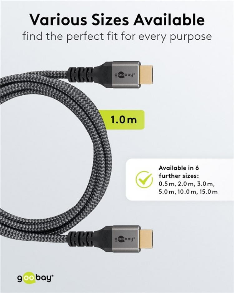Goobay High Speed HDMI™ Cable with Ethernet, 1 m, Sharkskin Grey HDMI™ connector male (type A) > HDMI™ connector male (type A) Goobay High Speed HDMI™ Cable with Ethernet, 1 m, Sharkskin Grey HDMI™ connector male (type A) > HDMI™ connector male (type A)