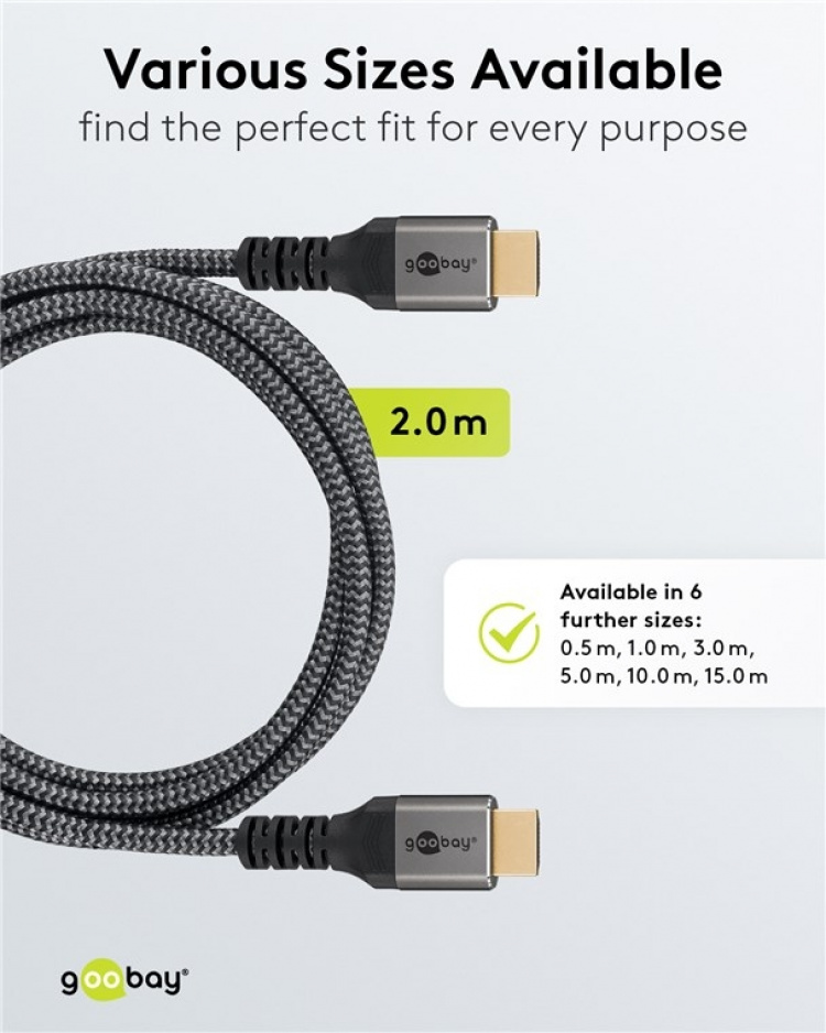 Goobay High Speed HDMI™ Cable with Ethernet, 2 m, Sharkskin Grey HDMI™ connector male (type A) > HDMI™ connector male (type A) Goobay High Speed HDMI™ Cable with Ethernet, 2 m, Sharkskin Grey HDMI™ connector male (type A) > HDMI™ connector male (type A)