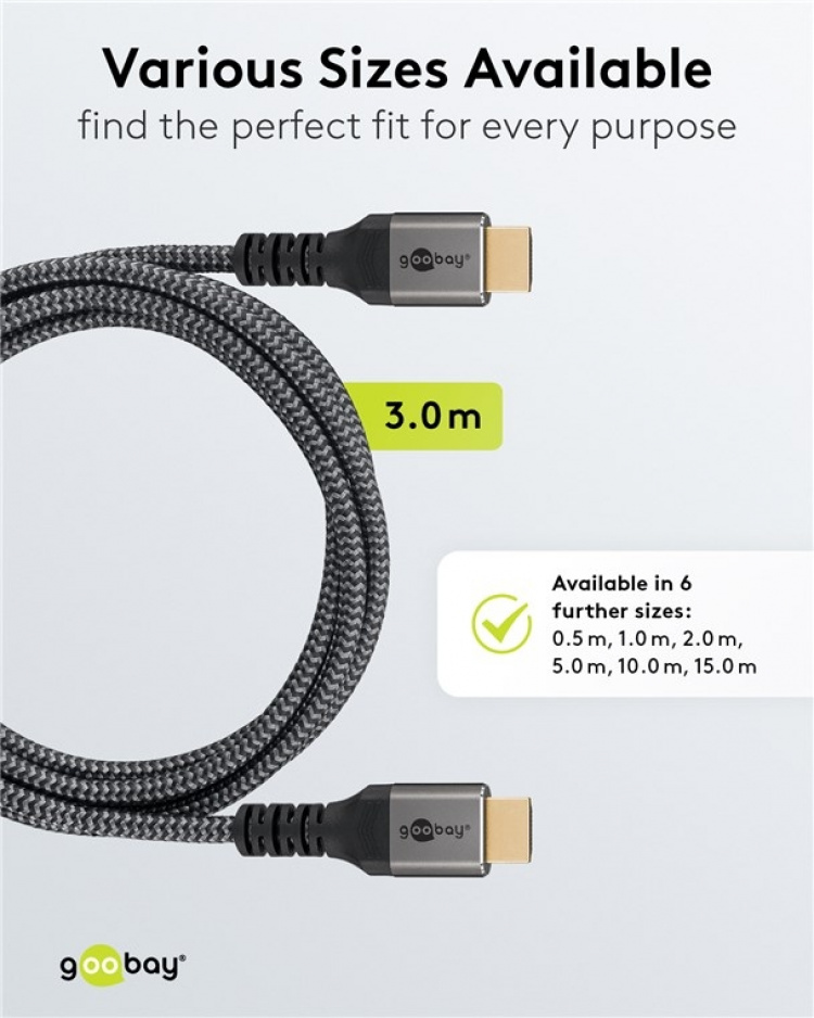 Goobay High Speed HDMI™ Cable with Ethernet, 3 m, Sharkskin Grey HDMI™ connector male (type A) > HDMI™ connector male (type A) Goobay High Speed HDMI™ Cable with Ethernet, 3 m, Sharkskin Grey HDMI™ connector male (type A) > HDMI™ connector male (type A)