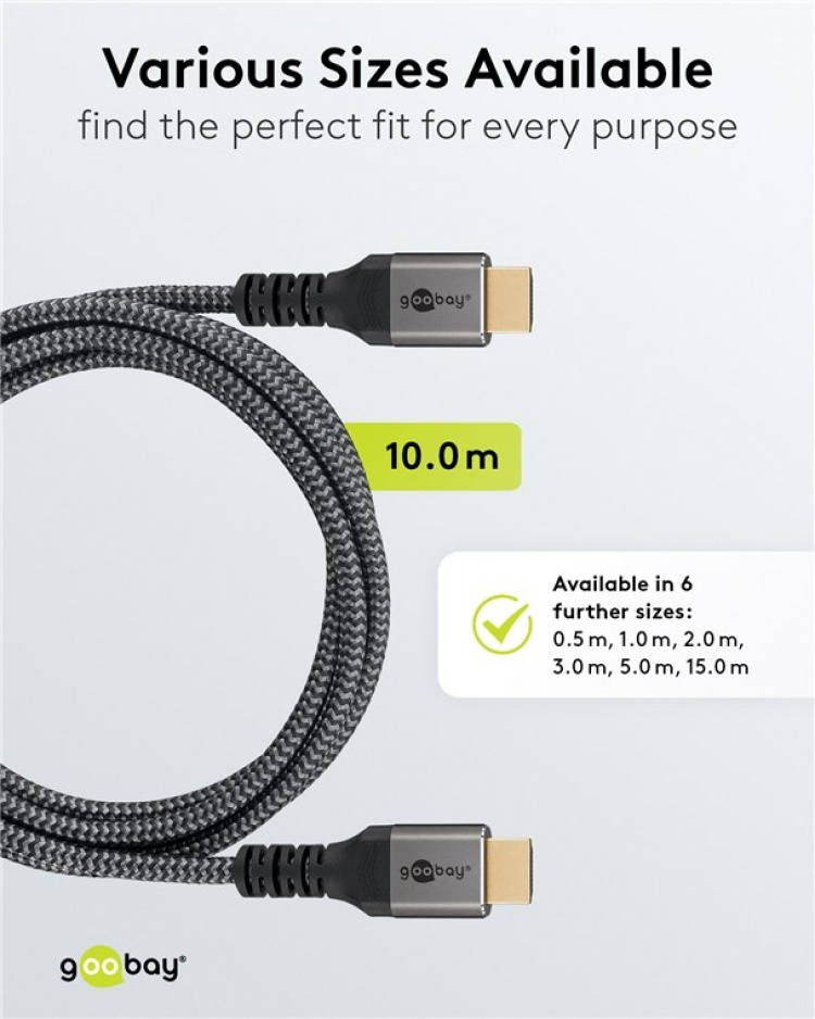 Goobay High Speed HDMI™ Cable with Ethernet, 10 m, Sharkskin Grey HDMI™ connector male (type A) > HDMI™ connector male (type A)