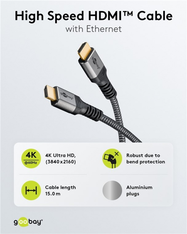 Goobay High Speed HDMI™ Cable with Ethernet, 15 m, Sharkskin Grey HDMI™ connector male (type A) > HDMI™ connector male (type A) Goobay High Speed HDMI™ Cable with Ethernet, 15 m, Sharkskin Grey HDMI™ connector male (type A) > HDMI™ connector male (type A)