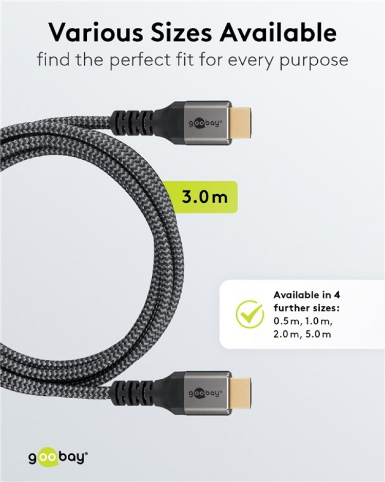 Goobay Ultra High Speed HDMI™ Cable, 3 m, Sharkskin Grey HDMI™ connector male (type A) > HDMI™ connector male (type A) Goobay Ultra High Speed HDMI™ Cable, 3 m, Sharkskin Grey HDMI™ connector male (type A) > HDMI™ connector male (type A)