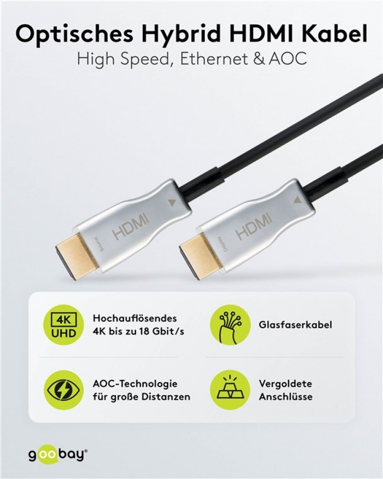 Goobay Optical Hybrid High Speed HDMI™ Cable with Ethernet (AOC) High-speed cable, 4K @ 60 Hz, for long transmission distances, 50 m Goobay Optical Hybrid High Speed HDMI™ Cable with Ethernet (AOC) High-speed cable, 4K @ 60 Hz, for long transmission distances, 50 m