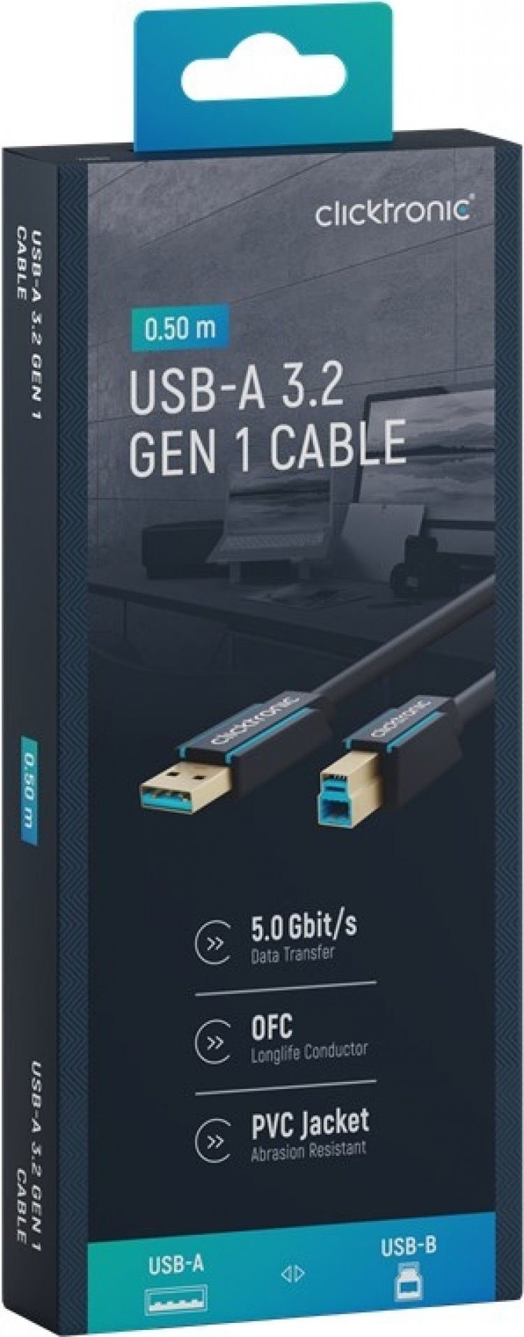 ClickTronic Adapterkabel från USB-A till USB-B 3.0 Premiumkabel | USB A-kontakt USB B 3.0-kontakt | 0,5 m | 5 Gbit/s