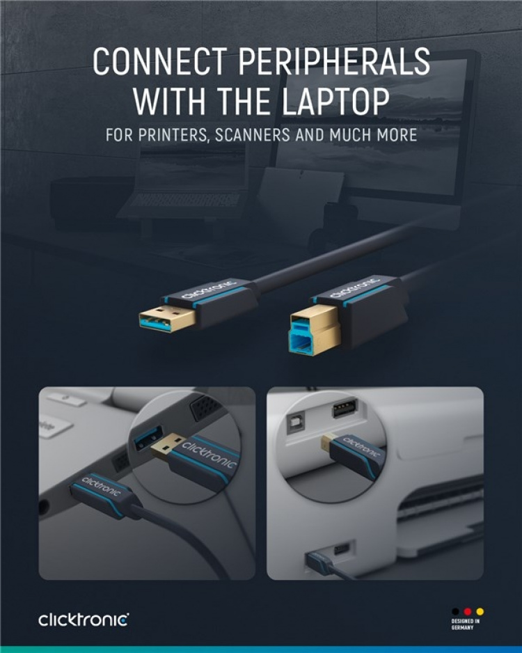 ClickTronic Adapterkabel från USB-A till USB-B 3.0 Premiumkabel | USB A-kontakt USB B 3.0-kontakt | 1,8 m | 5 Gbit/s ClickTronic Adapterkabel från USB-A till USB-B 3.0 Premiumkabel | USB A-kontakt USB B 3.0-kontakt | 1,8 m | 5 Gbit/s