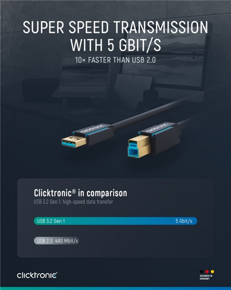 ClickTronic Adapterkabel från USB-A till USB-B 3.0 Premiumkabel | USB A-kontakt USB B 3.0-kontakt | 3,0 m | 5 Gbit/s ClickTronic Adapterkabel från USB-A till USB-B 3.0 Premiumkabel | USB A-kontakt USB B 3.0-kontakt | 3,0 m | 5 Gbit/s