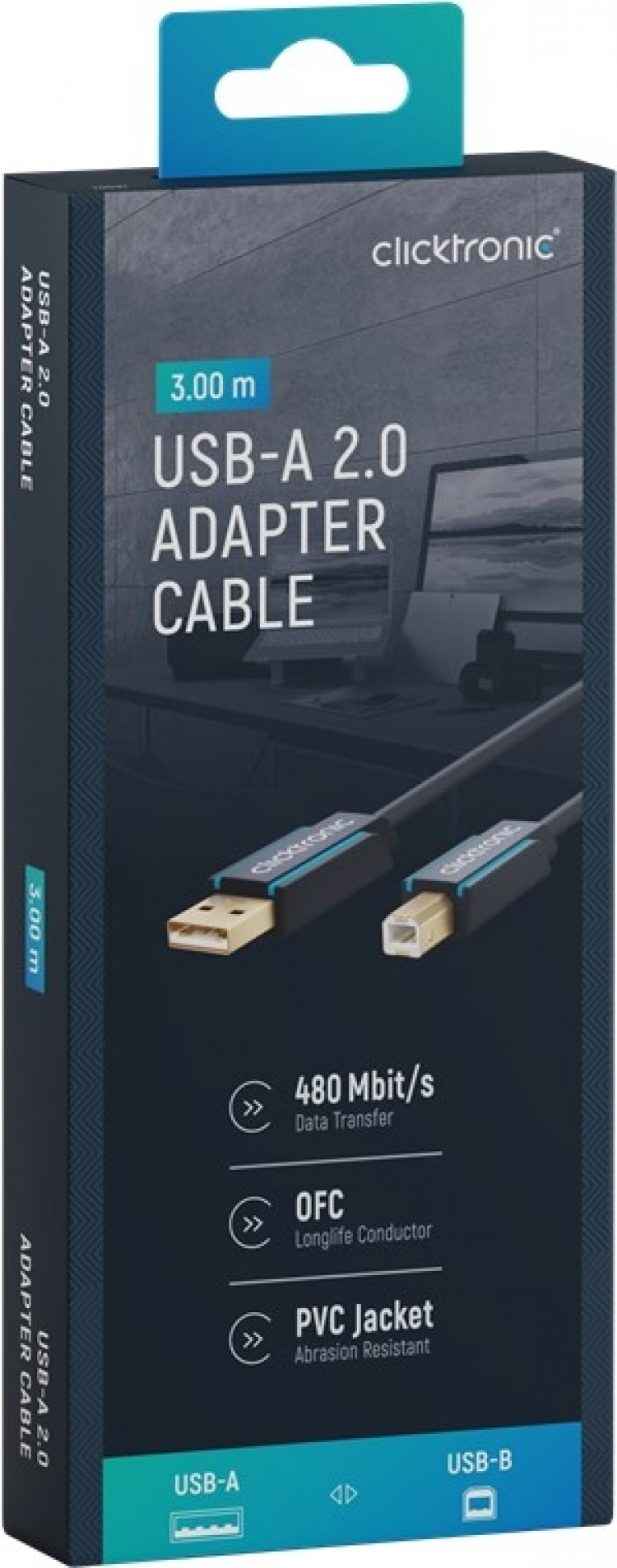 ClickTronic Adapterkabel från USB-A till USB-B 2.0 Premiumkabel | USB A-kontakt USB B 2.0-kontakt | 3,0 m | 480 Mbit/s ClickTronic Adapterkabel från USB-A till USB-B 2.0 Premiumkabel | USB A-kontakt USB B 2.0-kontakt | 3,0 m | 480 Mbit/s