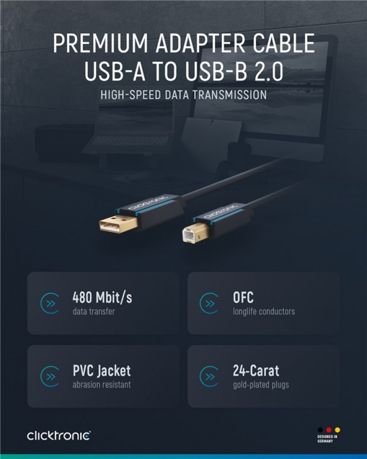 ClickTronic Adapterkabel från USB-A till USB-B 2.0 Premiumkabel | USB A-kontakt USB B 2.0-kontakt | 3,0 m | 480 Mbit/s ClickTronic Adapterkabel från USB-A till USB-B 2.0 Premiumkabel | USB A-kontakt USB B 2.0-kontakt | 3,0 m | 480 Mbit/s