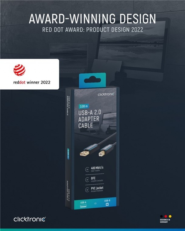 ClickTronic Adapterkabel från USB-A till USB-B 2.0 Premiumkabel | USB A-kontakt USB B 2.0-kontakt | 3,0 m | 480 Mbit/s ClickTronic Adapterkabel från USB-A till USB-B 2.0 Premiumkabel | USB A-kontakt USB B 2.0-kontakt | 3,0 m | 480 Mbit/s