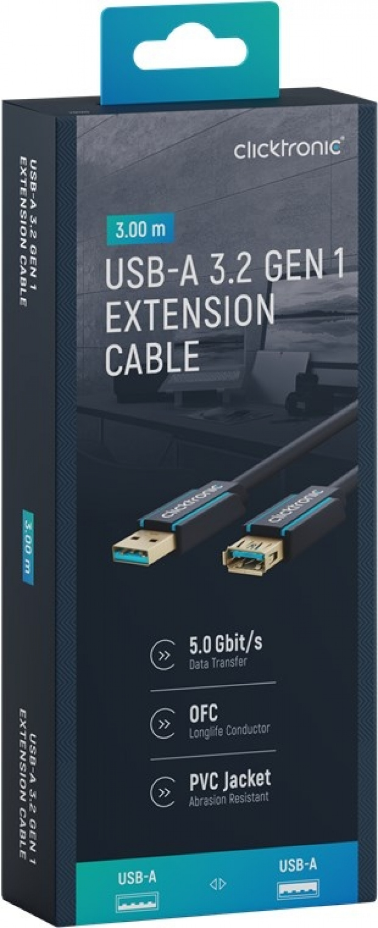 ClickTronic Förlängningskabel USB-A Premiumkabel | USB A hane USB A hona | 3,0 m | 5 Gbit/s