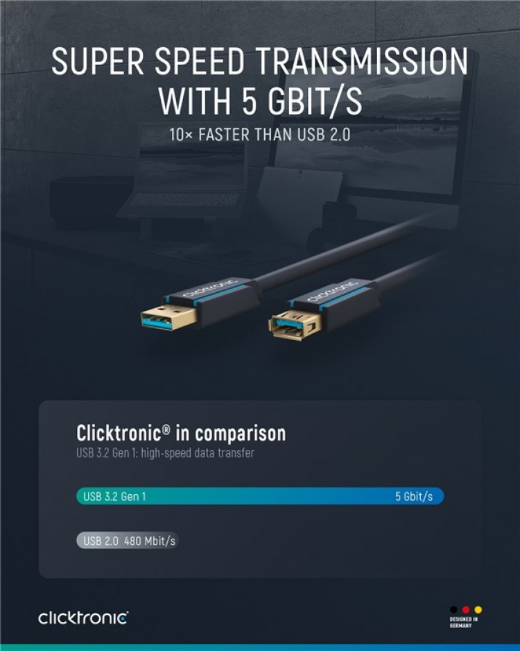 ClickTronic Förlängningskabel USB-A Premiumkabel | USB A hane USB A hona | 3,0 m | 5 Gbit/s