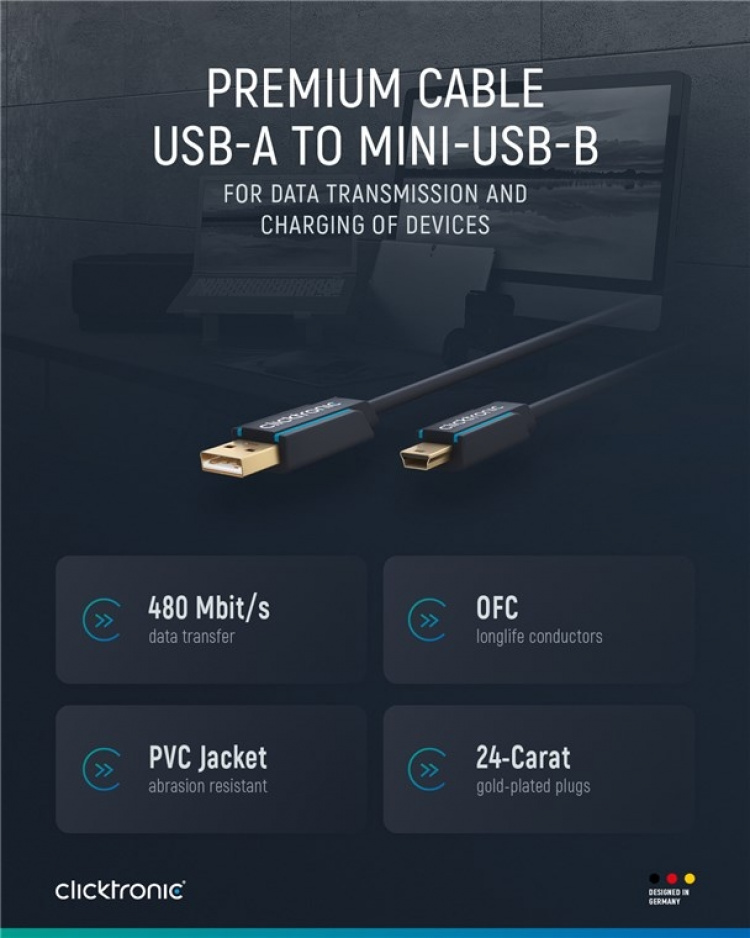 ClickTronic Adapterkabel från USB A till USB Mini B 2.0 Premiumkabel | USB A-kontakt USB mini B-kontakt | 3,0 m | 480 Mbit/s ClickTronic Adapterkabel från USB A till USB Mini B 2.0 Premiumkabel | USB A-kontakt USB mini B-kontakt | 3,0 m | 480 Mbit/s