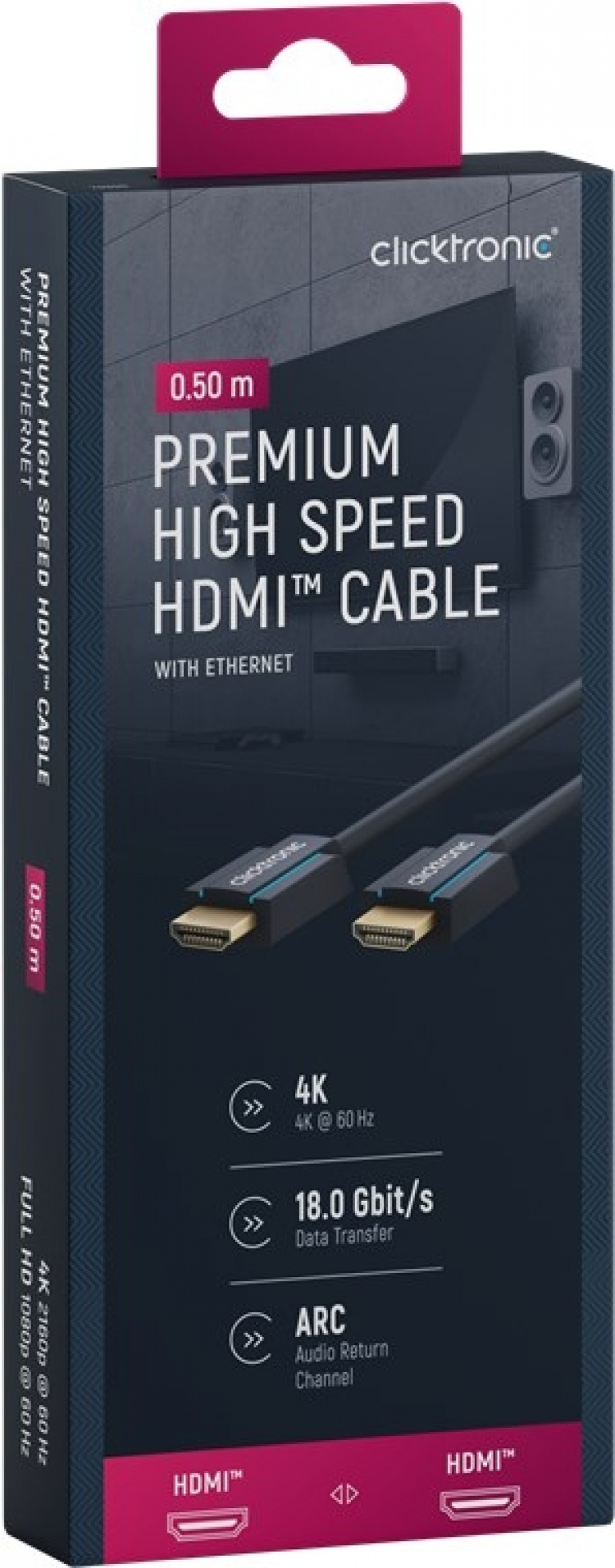 ClickTronic Premium High Speed HDMI™ Cable with Ethernet Premium cable | 1x HDMI™ plug 1x HDMI™ plug | 0.5 m | UHD 4K @ 60 Hz ClickTronic Premium High Speed HDMI™ Cable with Ethernet Premium cable | 1x HDMI™ plug 1x HDMI™ plug | 0.5 m | UHD 4K @ 60 Hz