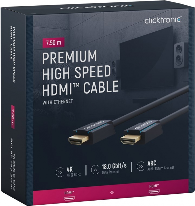 ClickTronic High Speed HDMI™ Cable with Ethernet Premium cable | 1x HDMI™ plug 1x HDMI™ plug | 7.5 m | UHD 4K @ 60 Hz ClickTronic High Speed HDMI™ Cable with Ethernet Premium cable | 1x HDMI™ plug 1x HDMI™ plug | 7.5 m | UHD 4K @ 60 Hz