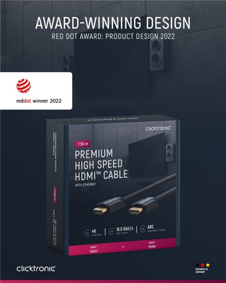ClickTronic High Speed HDMI™ Cable with Ethernet Premium cable | 1x HDMI™ plug 1x HDMI™ plug | 7.5 m | UHD 4K @ 60 Hz ClickTronic High Speed HDMI™ Cable with Ethernet Premium cable | 1x HDMI™ plug 1x HDMI™ plug | 7.5 m | UHD 4K @ 60 Hz