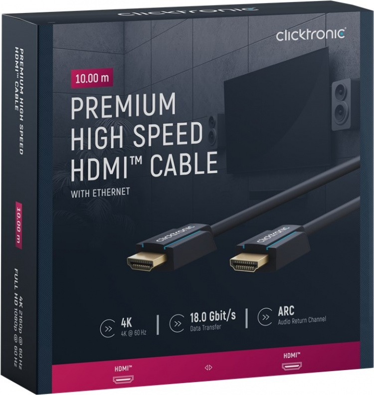 ClickTronic Höghastighets HDMI™-kabel med Ethernet Premiumkabel | 1x HDMI™-kontakt 1x HDMI™-kontakt | 10,0 m | UHD 4K @ 60 Hz ClickTronic Höghastighets HDMI™-kabel med Ethernet Premiumkabel | 1x HDMI™-kontakt 1x HDMI™-kontakt | 10,0 m | UHD 4K @ 60 Hz