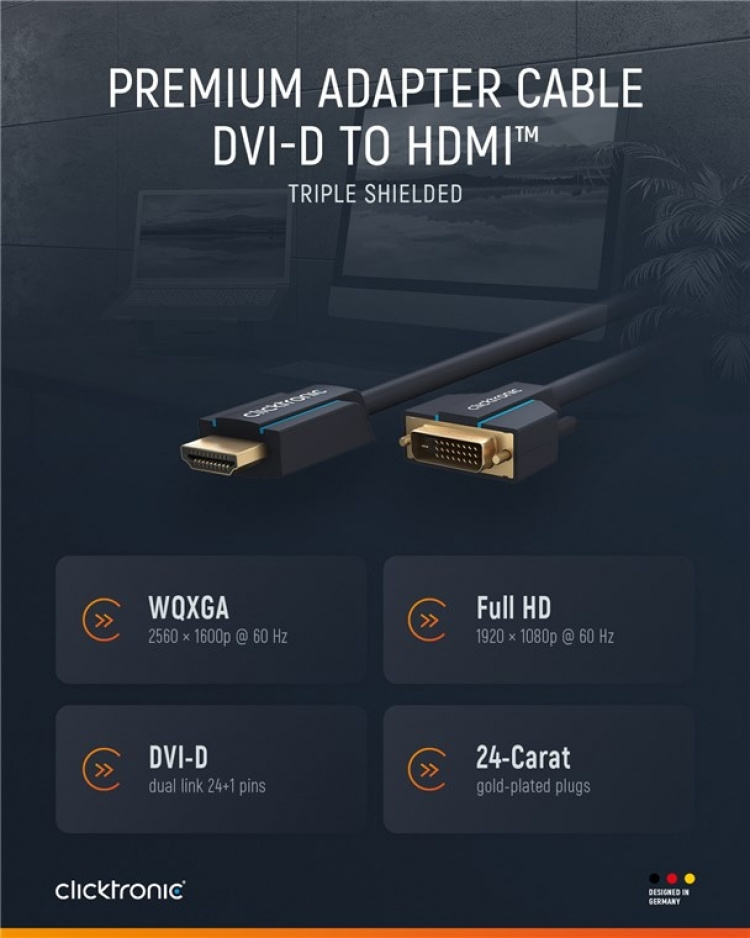 ClickTronic Adapterkabel från DVI till HDMI™ Premiumkabel | 1x DVI-D-kontakt 1x HDMI™-kontakt | 3,0 m | WQXGA @ 60 Hz ClickTronic Adapterkabel från DVI till HDMI™ Premiumkabel | 1x DVI-D-kontakt 1x HDMI™-kontakt | 3,0 m | WQXGA @ 60 Hz