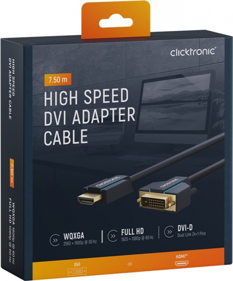 ClickTronic Adapterkabel från DVI till HDMI™ Premiumkabel | 1x DVI-D-kontakt 1x HDMI™-kontakt | 7,5 m | WQXGA @ 60 Hz ClickTronic Adapterkabel från DVI till HDMI™ Premiumkabel | 1x DVI-D-kontakt 1x HDMI™-kontakt | 7,5 m | WQXGA @ 60 Hz