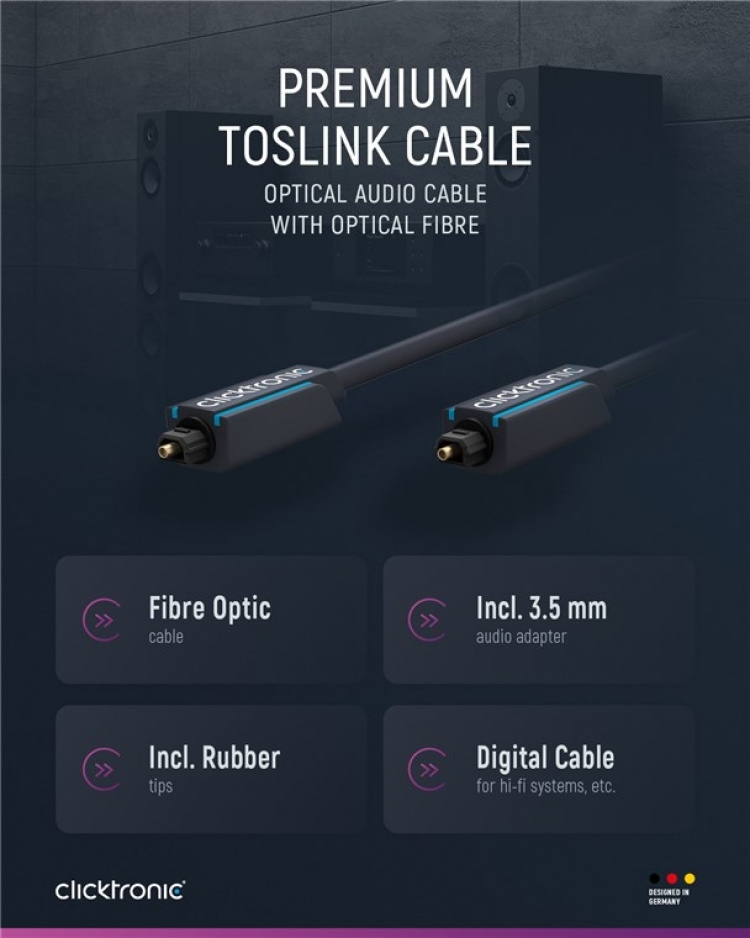 ClickTronic Toslink Cable Premium cable | 1x Toslink plug 1x Toslink plug | 1.0 m | Polymer fibre optic cable ClickTronic Toslink Cable Premium cable | 1x Toslink plug 1x Toslink plug | 1.0 m | Polymer fibre optic cable