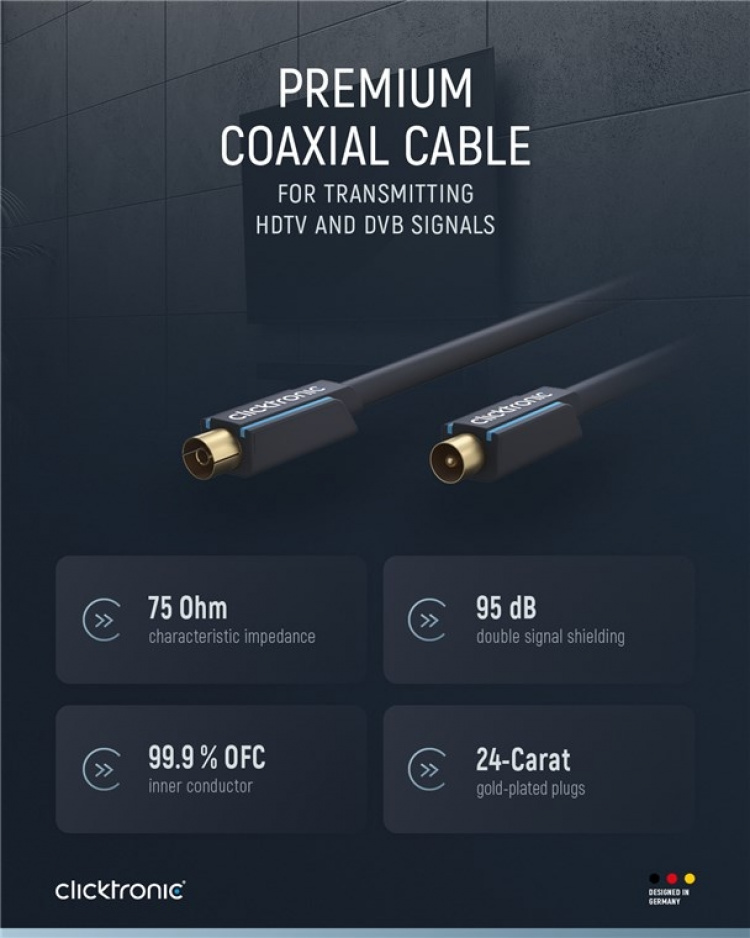 ClickTronic Koaxialkabel Premiumkabel | Koaxialkontakt Koaxialkoppling | 10,0 m | > 95 dB ClickTronic Koaxialkabel Premiumkabel | Koaxialkontakt Koaxialkoppling | 10,0 m | > 95 dB