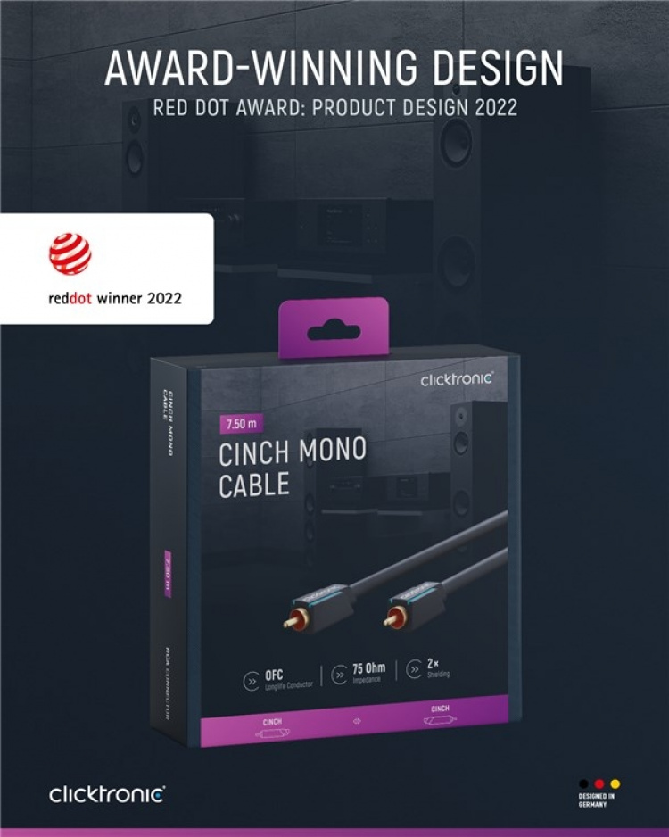 ClickTronic RCA-kabel, mono Premiumkabel | 1x cinch plug 1x cinch plug | 7,5 m | OFC innerledare