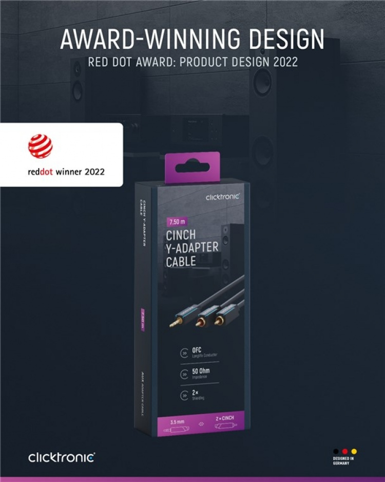 ClickTronic 3,5 mm AUX till RCA-adapterkabel, stereo Premiumkabel | 1x 3,5 mm jackkontakt 2x cinchkontakt | 7,5 m | OFC innerledare