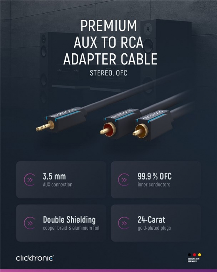 ClickTronic 3,5 mm AUX till RCA-adapterkabel, stereo Premiumkabel | 1x 3,5 mm jackkontakt 2x cinchkontakt | 10,0 m | OFC innerledare
