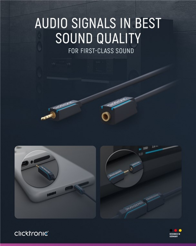 ClickTronic 3,5 mm AUX-förlängningskabel, stereo Premiumkabel | 1x 3,5 mm jackkontakt 1x 3,5 mm jackkontakt | 5,0 m | OFC innerledare ClickTronic 3,5 mm AUX-förlängningskabel, stereo Premiumkabel | 1x 3,5 mm jackkontakt 1x 3,5 mm jackkontakt | 5,0 m | OFC innerledare