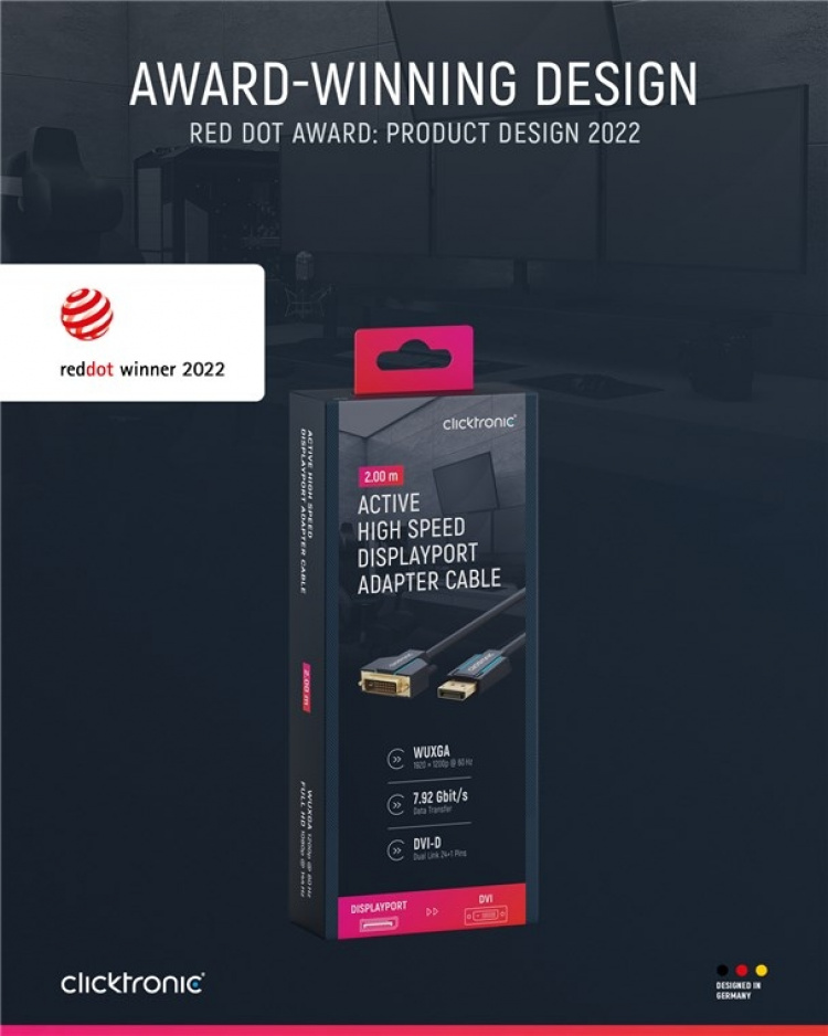 ClickTronic Adapterkabel för aktiv DisplayPort™ till DVI-D Premiumkabel | 1x DisplayPort™-kontakt >> 1x DVI-D-kontakt | 2,0 m | WUXGA @ 60 Hz ClickTronic Adapterkabel för aktiv DisplayPort™ till DVI-D Premiumkabel | 1x DisplayPort™-kontakt >> 1x DVI-D-kontakt | 2,0 m | WUXGA @ 60 Hz