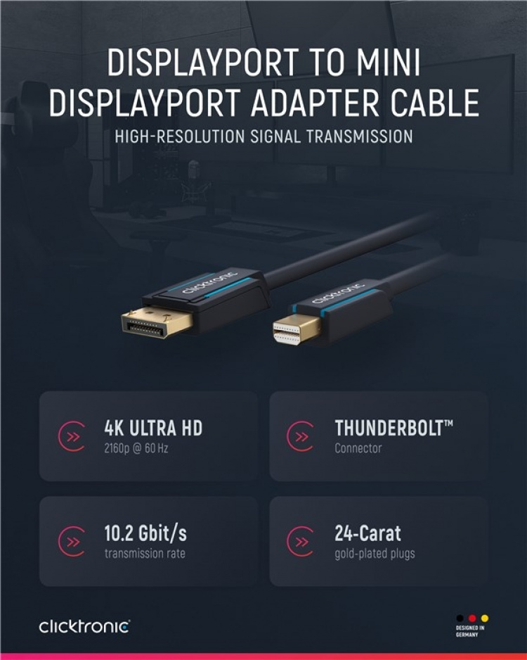 ClickTronic Adapterkabel för DisplayPort™ till mini DisplayPort™ premiumkabel | DisplayPort™-kontakt mini DisplayPort™-kontakt | 1,0 m | UHD 4K @ 60 Hz