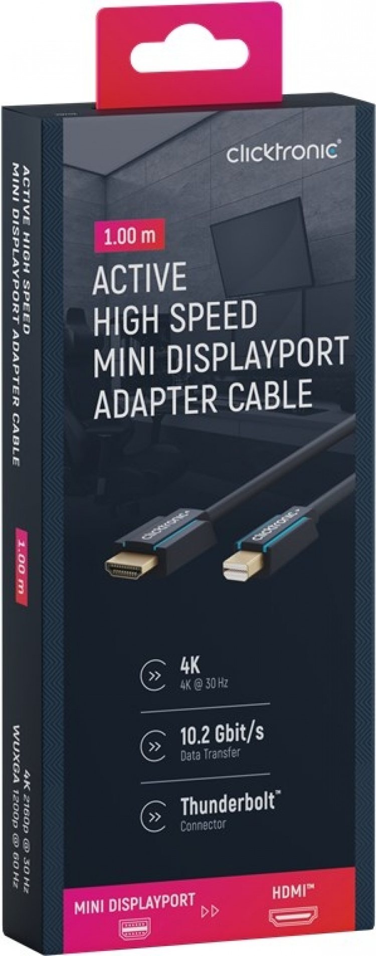 ClickTronic Active Mini DisplayPort™ to HDMI™ Adapter Cable premium cable | 1x mini DisplayPort™ plug >> 1x HDMI™ plug | 1.0 m | UHD 4K @ 30 Hz ClickTronic Active Mini DisplayPort™ to HDMI™ Adapter Cable premium cable | 1x mini DisplayPort™ plug >> 1x HDMI™ plug | 1.0 m | UHD 4K @ 30 Hz