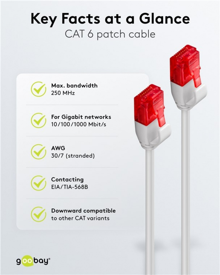 Goobay CAT 6 Slim Patch Cable U/UTP,grey copper conductor (CU), 10 m