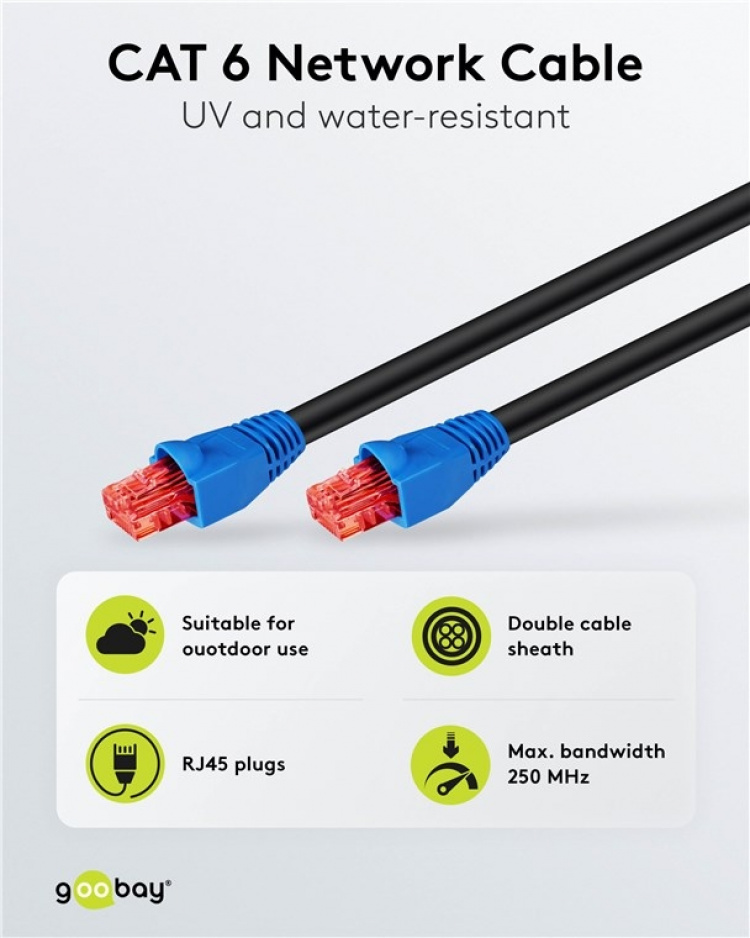 Goobay CAT 6 Outdoor Patch Cable, U/UTP, black copper-clad aluminium wire (CCA), double-layer cable jacket (PE), 20 m