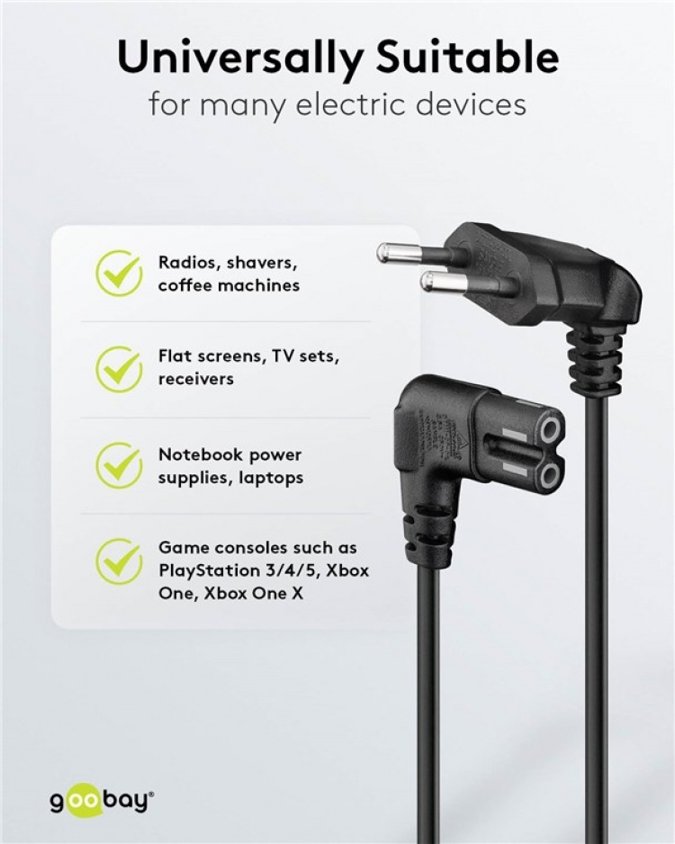 Goobay Connection Cable Euro Plug Angled at Both Ends, 3 m, Black Euro plug (type C, CEE 7/16) > appliance socket C7