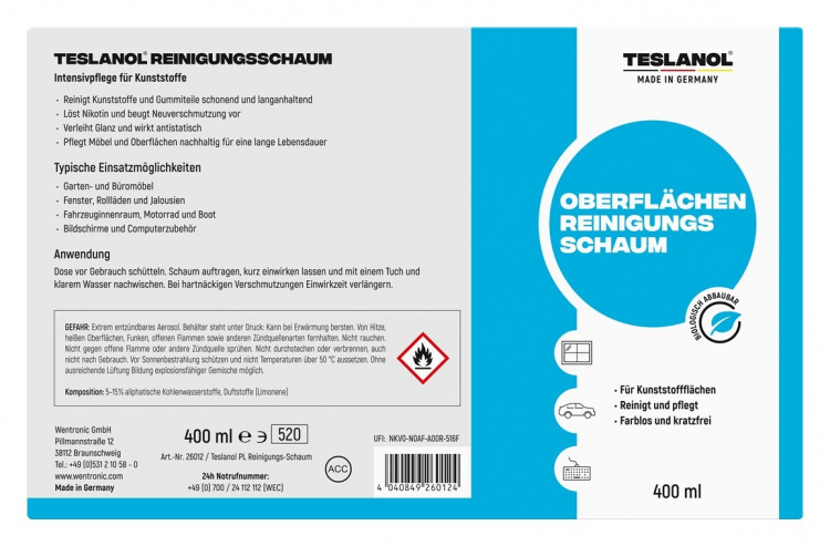 Teslanol Skumrengöringsmedel för ytor för intensiv rengöring och skötsel av plast – 400 ml